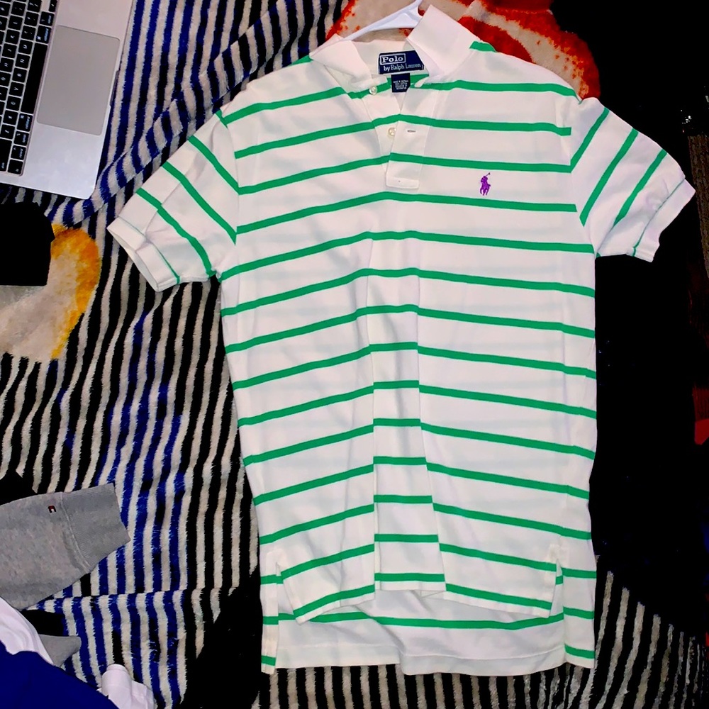 M Polo Shirt, white with green stripes. like new!